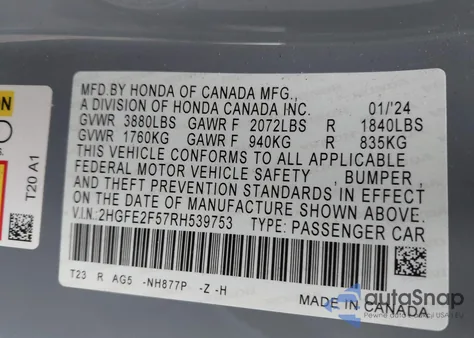 2024 Honda Civic Sport z USA, uszkodzony, nr VIN 2HGFE2F57RH539753